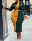 Plus Size Women Long Sleeve Colorblock Spring Sexy Tight Midi Dresses Casual Dresses Green Blue Coffee S-5XL