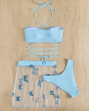 Sexy Women Strappy Halter Neck Bikini Mesh Butterfly Summer Swimwear Three-piece Swimsuit Blue S-L