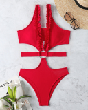 2022 Women's Cheeky Deep V Hollow Out Back Ring High Waisted One Piece Cut Out Swimsuit Red S-L