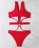 2022 Women's Cheeky Deep V Hollow Out Back Ring High Waisted One Piece Cut Out Swimsuit Red S-L