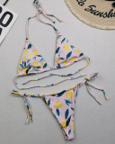 Sexy Halter Neck Florals Solid Colorful Tie Side String Two-piece Swimsuit S-L
