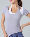 Ladies Fashion Yoga Sports Fitness Tops Running Elastic Quick Dry Tight Short Sleeves Color-blocking Shirts S-XL