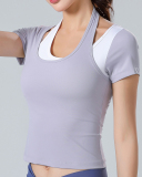 Ladies Fashion Yoga Sports Fitness Tops Running Elastic Quick Dry Tight Short Sleeves Color-blocking Shirts S-XL