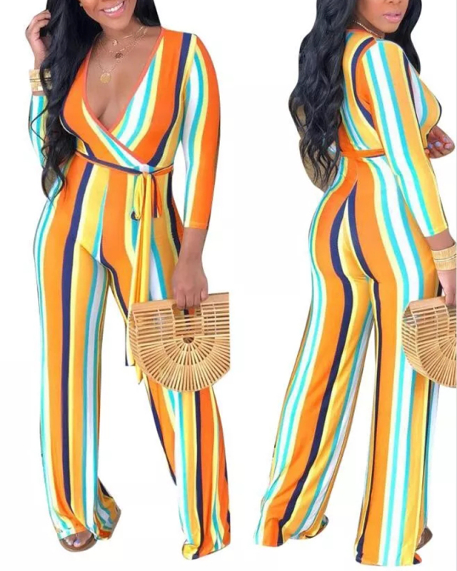 Colorful Stripe V-Neck Jumpsuit