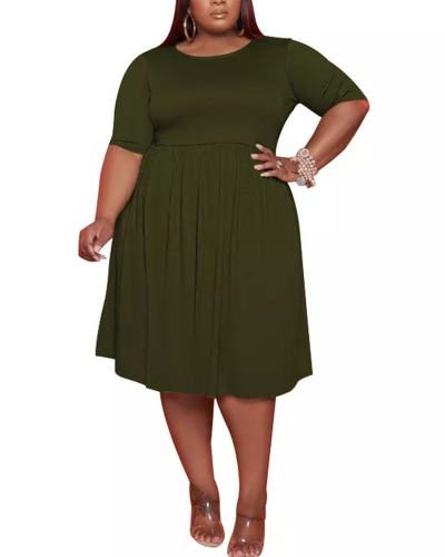 Solid Color Short Sleeve Wide Women Plus Size Dresses Black Army Green Coffee XL-5XL