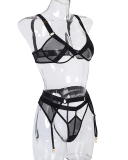 Mesh Solid Color Summer Sexy Teddies Lingerie Three Piece Sets Black Red S-L