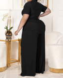 Casual Comfortable Short Sleeve Solid Color Loose Women Pants Sets Plus Size Two Piece Sets Black Green Brown XL-5XL