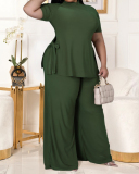 Casual Comfortable Short Sleeve Solid Color Loose Women Pants Sets Plus Size Two Piece Sets Black Green Brown XL-5XL