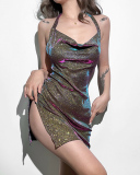 Stylish Ladies Sequin Halter Neck Backless Sleeveless Mini Party Dress One-piece Dress Colorful Shining S-L