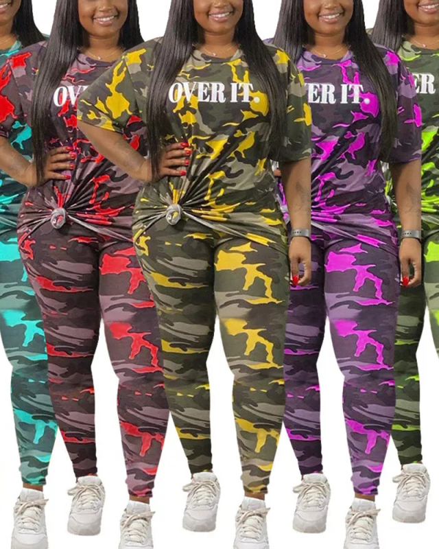 Women Plus Size Camouflage  Letter Printing Two Piece Set Yellow Purple Green Red Blue XL-4XL