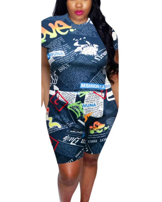Casual Newspaper Printed Shorts Two-Piece Set