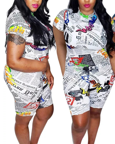 Casual Newspaper Printed Shorts Two-Piece Set