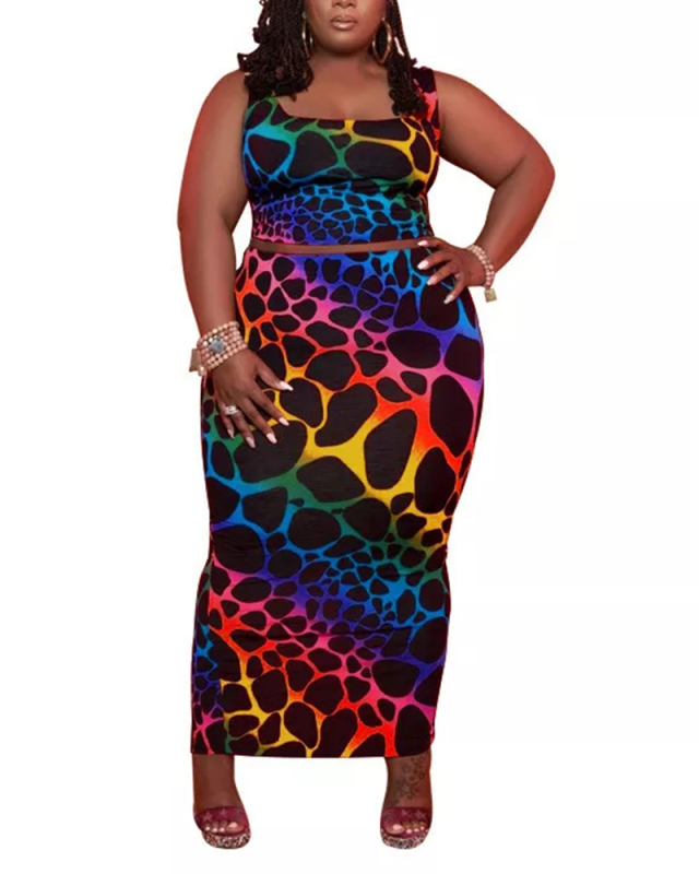 Hot Sale Women Sleeveless Printed Casual Plus Size Two Piece Sets Skirts Sets XL-5XL