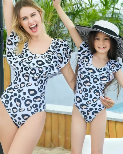 New Arriving Mother &daughter Flounce Leopard Print Swimsuit One-piece Bikini