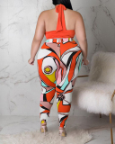 Hot Sale Criss Cross Backless Sleeveless Colorblock Fashion Women Plus Size Two Piece Sets Black Rose Red Orange XL-5XL