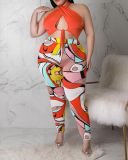 Hot Sale Criss Cross Backless Sleeveless Colorblock Fashion Women Plus Size Two Piece Sets Black Rose Red Orange XL-5XL