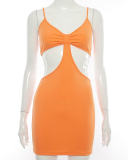 Women Solid Color Hollow Out Sleeveless Summer One-piece Dress White Orange Black S-L