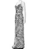 Women Backless Zebra Print Long High Slit One-piece Dress S-L