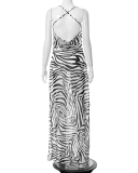 Women Backless Zebra Print Long High Slit One-piece Dress S-L