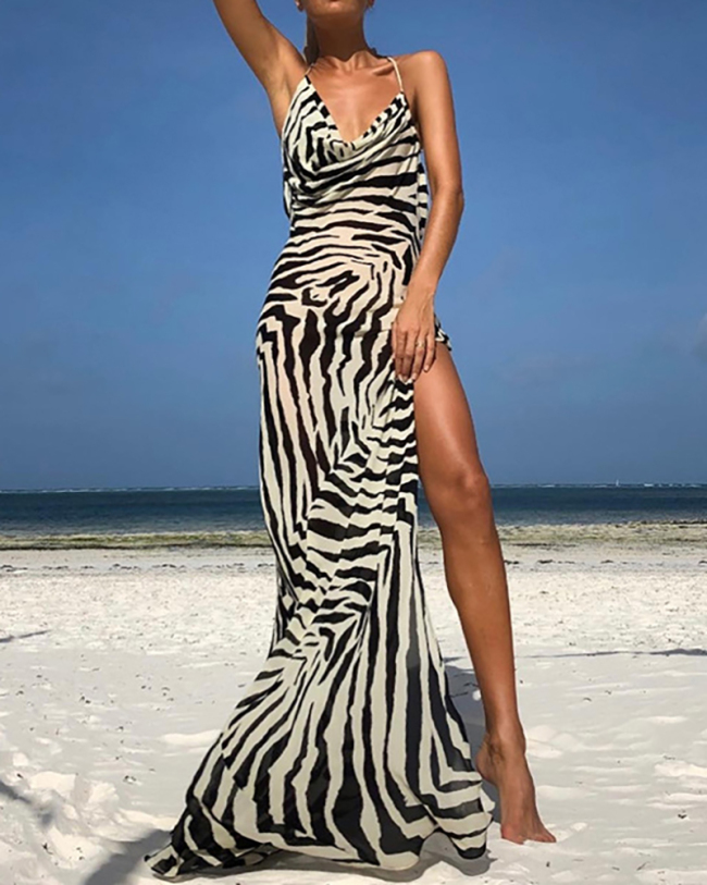 Lady Printing High Split Backless Halter One Piece Dress S-L