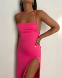 Solid Color Fashion Women Halter Neck Backless High Slit One-piece Dress Evening Dress Pink Green S-L