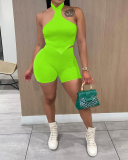 Women Sleeveless Solid Color Short Sets Two Pieces Outfit White Orange Red Black Fluorescent Green Sky Blue S-2XL