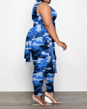 Women Sleeveless Camo Slim Pants Sets Plus Size Two Piece Sets Blue Green Gray XL-5XL