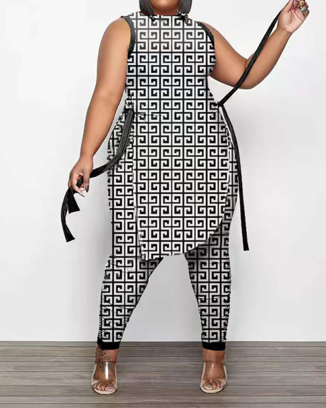 Women Sleeveless Side Slit Strappy Houndstooth Dot Printed Plus Size Two Piece Sets Black Coffee Gray XL-5XL