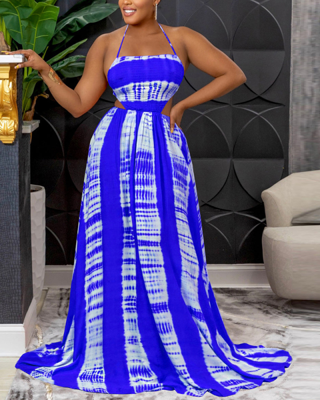 Women's Sexy Fashion Colorful Striped Print Halter Backless Maxi Dress S-XXL