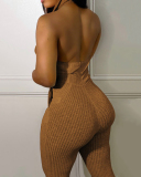 Backless Solid Color V-neck Sleeveless Women Jumpsuits Black Beige Brown Light Gray S-2XL