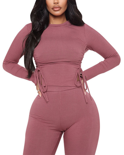 Women Solid Color Drawstring Two Piece Set S-2XL