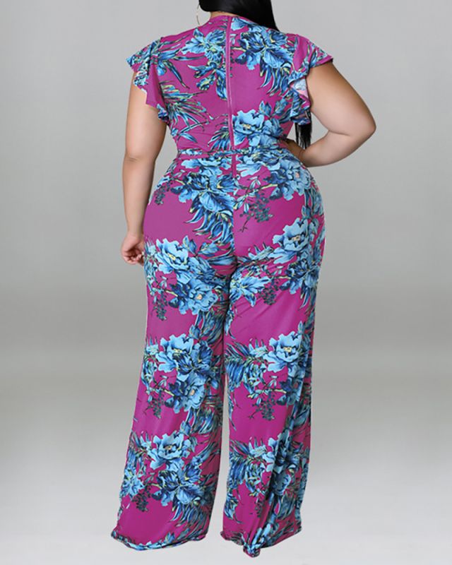 Florals Short Sleeve Women V-neck Plus Size Jumpsuit Red Green Purple Yellow Blue XL-5XL