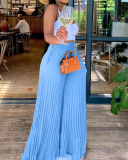 Women Summer Loose Wide Leg Ruched Pants With Pocket Yellow Pink Green Black Blue Wine Red Purple S-2XL