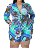 Hot Sale Fashion Printed Women Long Sleeve Casual Shorts Plus Size Two Piece Sets Yellow Blue Rosy L-5XL