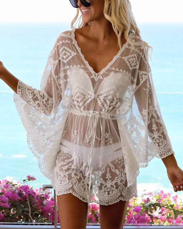 Women Solid Color Mesh See Through Cover Up White Black