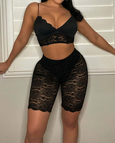 Women Lace Mesh Solid Color Short Sets Two Pieces Outfit White Black S-2XL