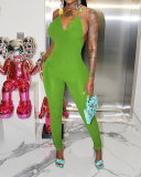 Women Halter Neck Backless Solid Color Sleeveless Jumpsuits Green Blue Pink S-XL