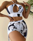 Women Hollow Out High Waist Sexy Printed Three-piece Swimsuit Black Purple S-XL