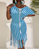 Women Stripe Tassel Short Sleeve Hollow Out Knit V-neck Colorblock Cover Beach Dresses Apricot Black Blue One Size
