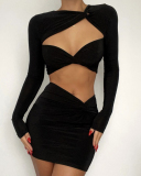 Women Long Sleeve Hollow Out Solid Color Skirt Sets Two Pieces Outfit White Black S-L