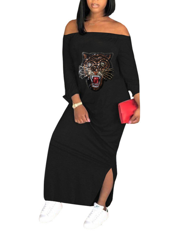 Women Casual Tiger Printing Long Sleeve Off Shoulder Maxi Dress Wine Red Black Gray S-2XL