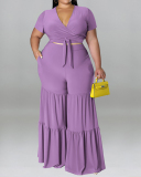Summer Womans Short Sleeve Solid Color V-neck Crop Top Long Pants Suits Plus Size Two Piece Sets Yellow Purple Black Rosy Green Blue XL-5XL
