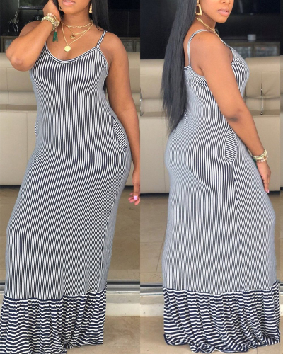 Hot Style Floor-Length Dress With Suspends And Stripes