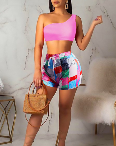 Lady Solid Color Tops Printing Pants Two Piece Set S-XL