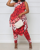 Women Sleeveless Printed Fashion Irregular Plus Size Two Piece Sets Orange Red Blue L-4XL