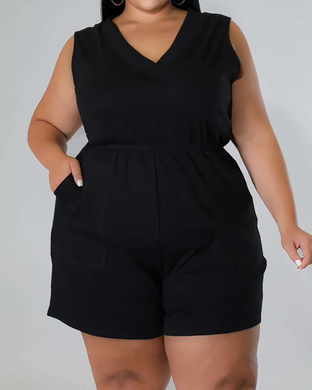 Woman High Waist V-neck Sleeveless Pocket Plus Size Romper White Pink Black L-4XL