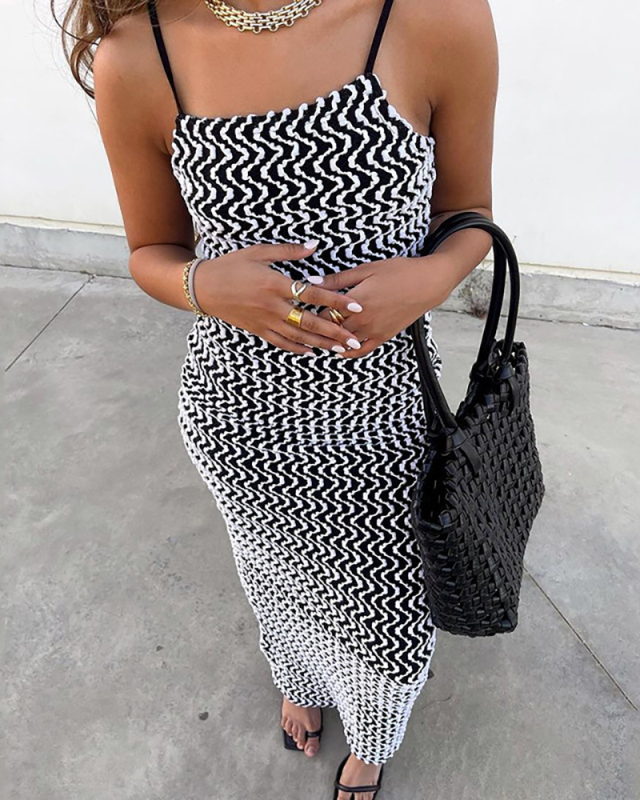 Women Fashion Black White Ripple Contrast Blackless Slim Waist One-piece Dress Maxi Slim Club Dress S-L