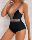 Deep V-neck Leopard Printed Sexy One Piece Swimsuit S-L