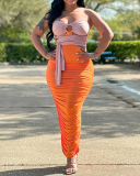 Fashion Sexy Women Backless Ruched Casual Colorblock Maxi Dresses Rosy Orange Yellow S-2XL