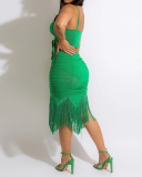 Women Sling Vest Top Ruched Tassel Slim Skirt Sets Strappy Two Pieces Outfit Green Black S-2XL